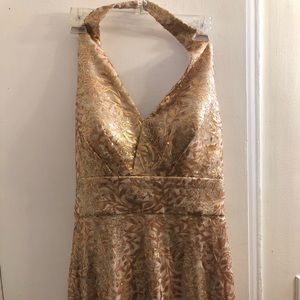 V neck backless Gold floral long dress